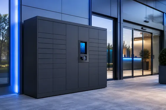 Moderne pakketlocker met touchscreen bij de ingang van een Nederlands bedrijfspand