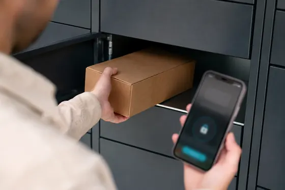 Klant haalt een pakket op uit een afhaallocker met een ontgrendelcode op de telefoon
